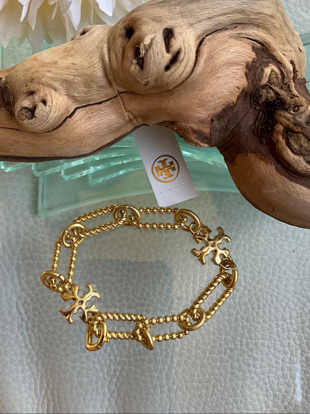 Tory Burch Gold Logo Charm Double-Strand Bracelet